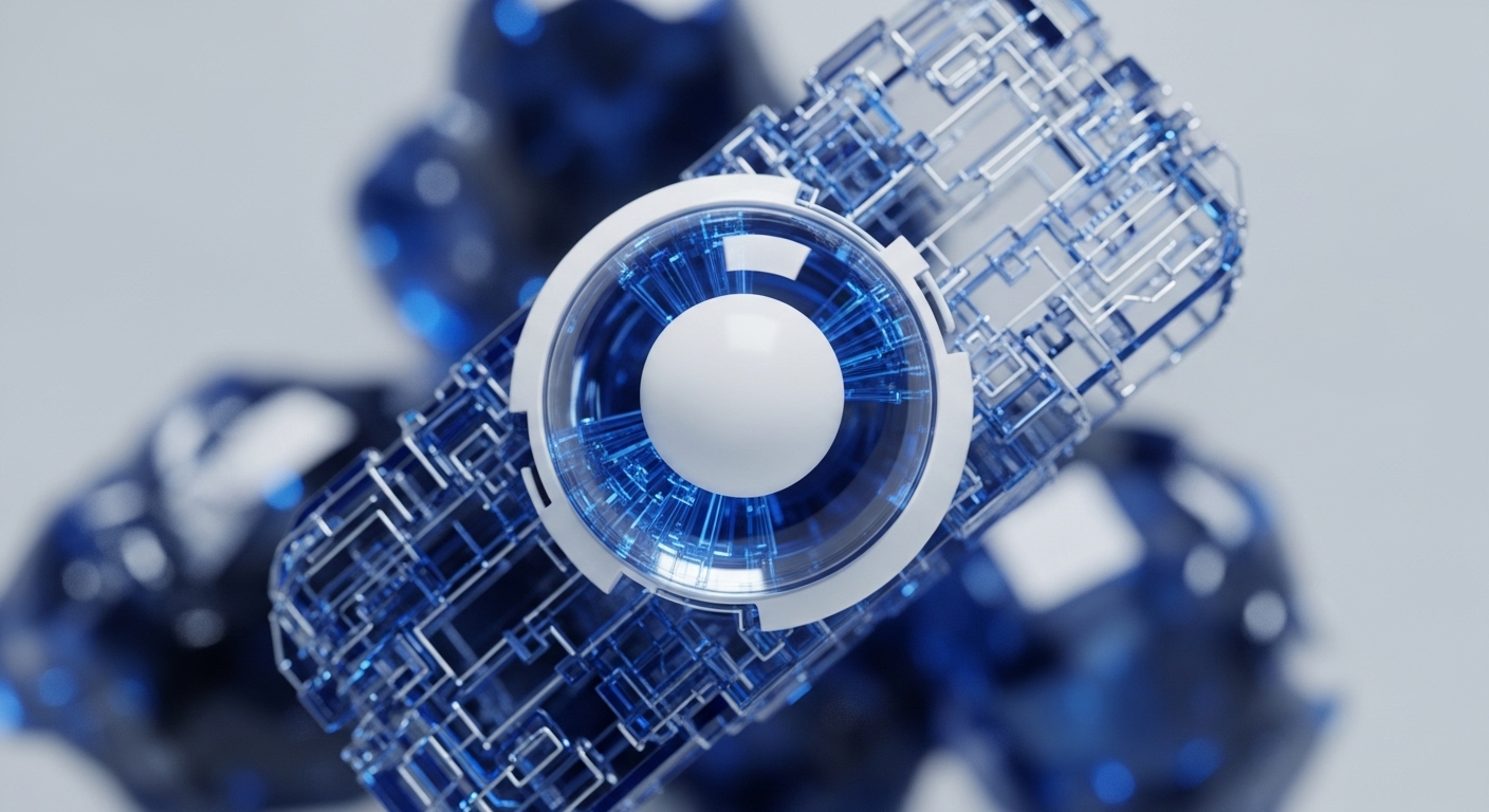 The central focus is a highly detailed, cylindrical object composed of a translucent blue, grid-like material, interwoven with bright, electric blue lines that emit a soft glow. A prominent, spherical white core is enclosed within a clear, circular frame, also illuminated by internal blue light, suggesting a central processing unit or a secure enclave for digital asset management