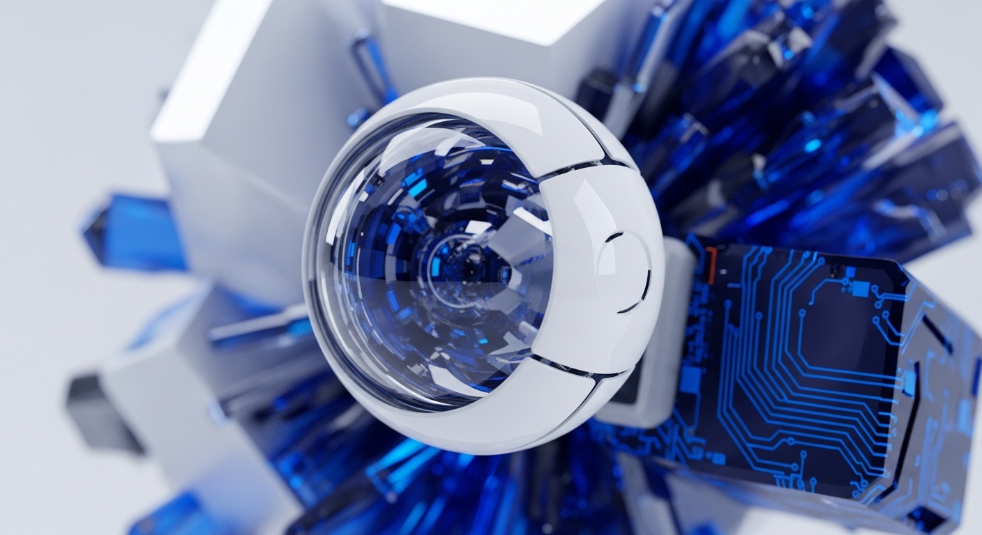 A white spherical orb with segmented panels and a transparent viewport reveals intricate blue circuitry within, suggesting a data core or processing unit. Surrounding it are sharp, crystalline blue structures and angular white forms, evoking a complex, decentralized network architecture. This visual metaphor represents the abstract conceptualization of blockchain technology, distributed ledger technology DLT, and the intrinsic cryptographic primitives that underpin secure transaction processing and consensus mechanisms in a decentralized finance DeFi ecosystem.