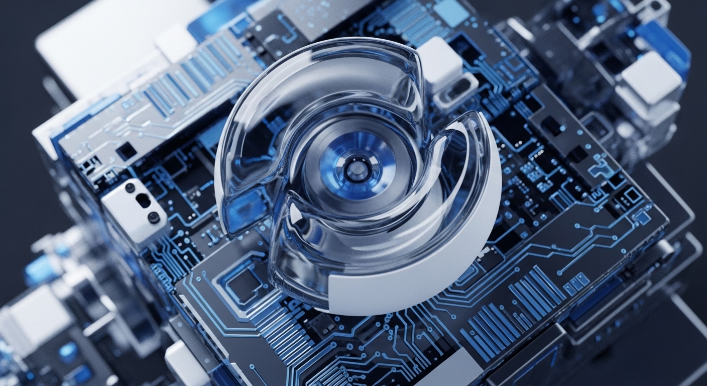 A futuristic, abstract representation of digital infrastructure features intricate blue and silver circuit boards forming a complex, three-dimensional structure. A central, polished metallic sphere with glowing blue concentric patterns acts as a focal point, symbolizing a core cryptographic element or a genesis block within a distributed ledger