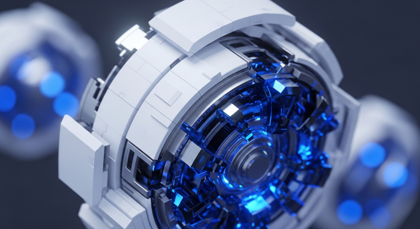 A central, multifaceted blue crystalline core radiates light, surrounded by interlocking white geometric plates forming a spherical structure. This abstract representation visualizes the core architecture of blockchain networks and their intricate functionalities