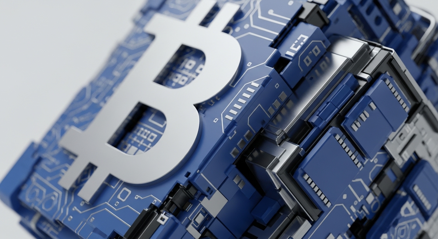 A prominent silver Bitcoin symbol is embossed on a multifaceted, blue and silver structure with intricate circuitry patterns. This design evokes the digital architecture and technological foundations of cryptocurrencies
