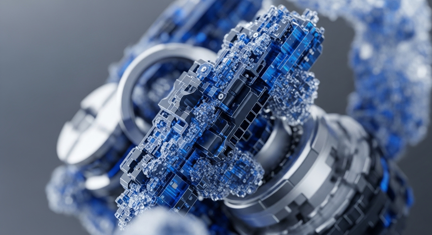 The image displays an abstract, futuristic mechanism composed of translucent blue and metallic gray components. Intricate structures feature numerous small, interconnected blue elements embedded within a robust, engineered framework