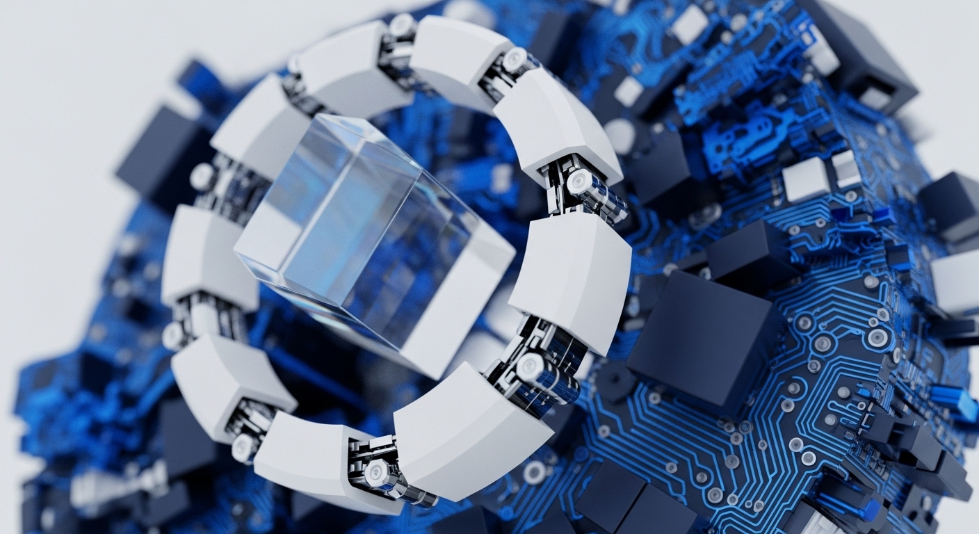 A transparent cubic core, symbolizing a digital asset or critical protocol, is embraced by a segmented robotic articulation. This structure is immersed in a dense, multi-layered environment of blue circuit board pathways and dark cubic elements, suggesting a complex computational network