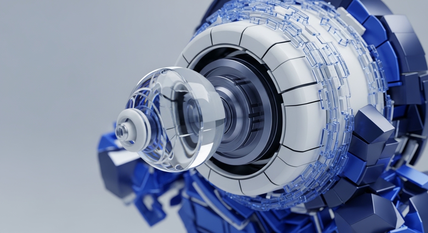 A highly detailed, abstract mechanical assembly in shades of blue and white features a prominent transparent sphere with internal workings. This intricate visual symbolizes the sophisticated architecture of blockchain technology and its underlying cryptographic principles