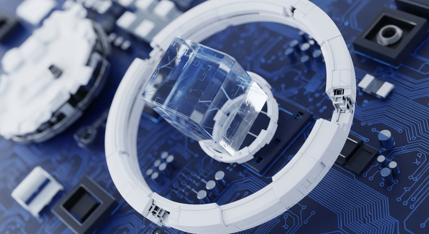 A transparent crystalline cube, symbolizing digital assets or data, is positioned within a segmented white ring, evoking a blockchain's consensus mechanism. This structure is superimposed on a detailed blue circuit board, representing the foundational technology of cryptocurrencies