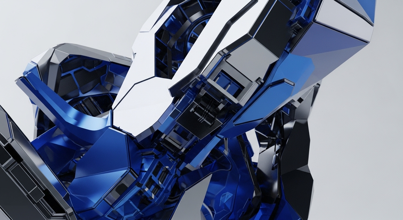 The visual presents a complex, multifaceted structure with sharp edges and reflective surfaces in metallic blue and white, resembling a stylized robotic or technological construct. This imagery powerfully symbolizes the underlying architecture of decentralized finance and blockchain networks