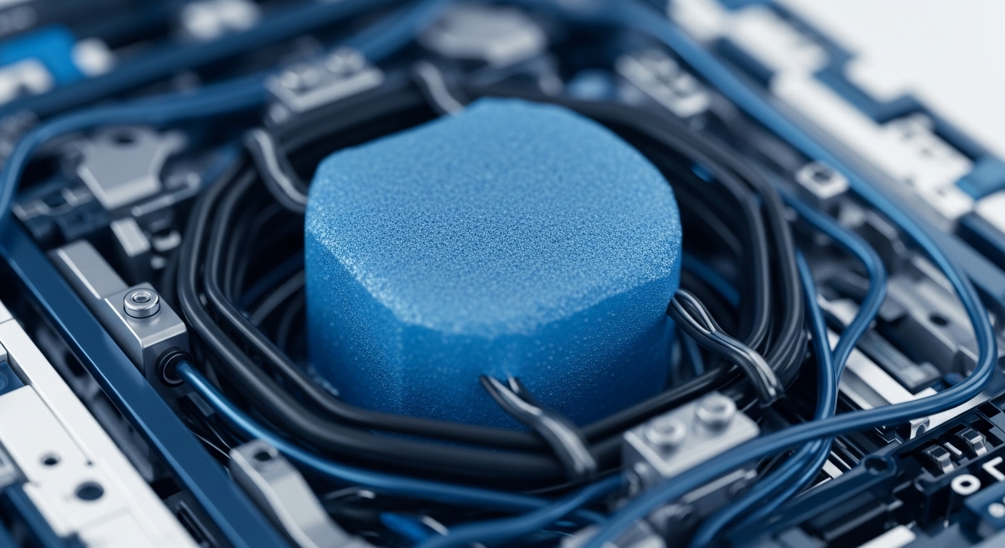 A vibrant blue foam structure sits at the center, enveloped by a dense arrangement of black and blue cables and metallic connectors. This composition visually represents the core of a decentralized system, akin to a central processing unit within a distributed ledger technology or a critical validator node in a Proof-of-Stake consensus model