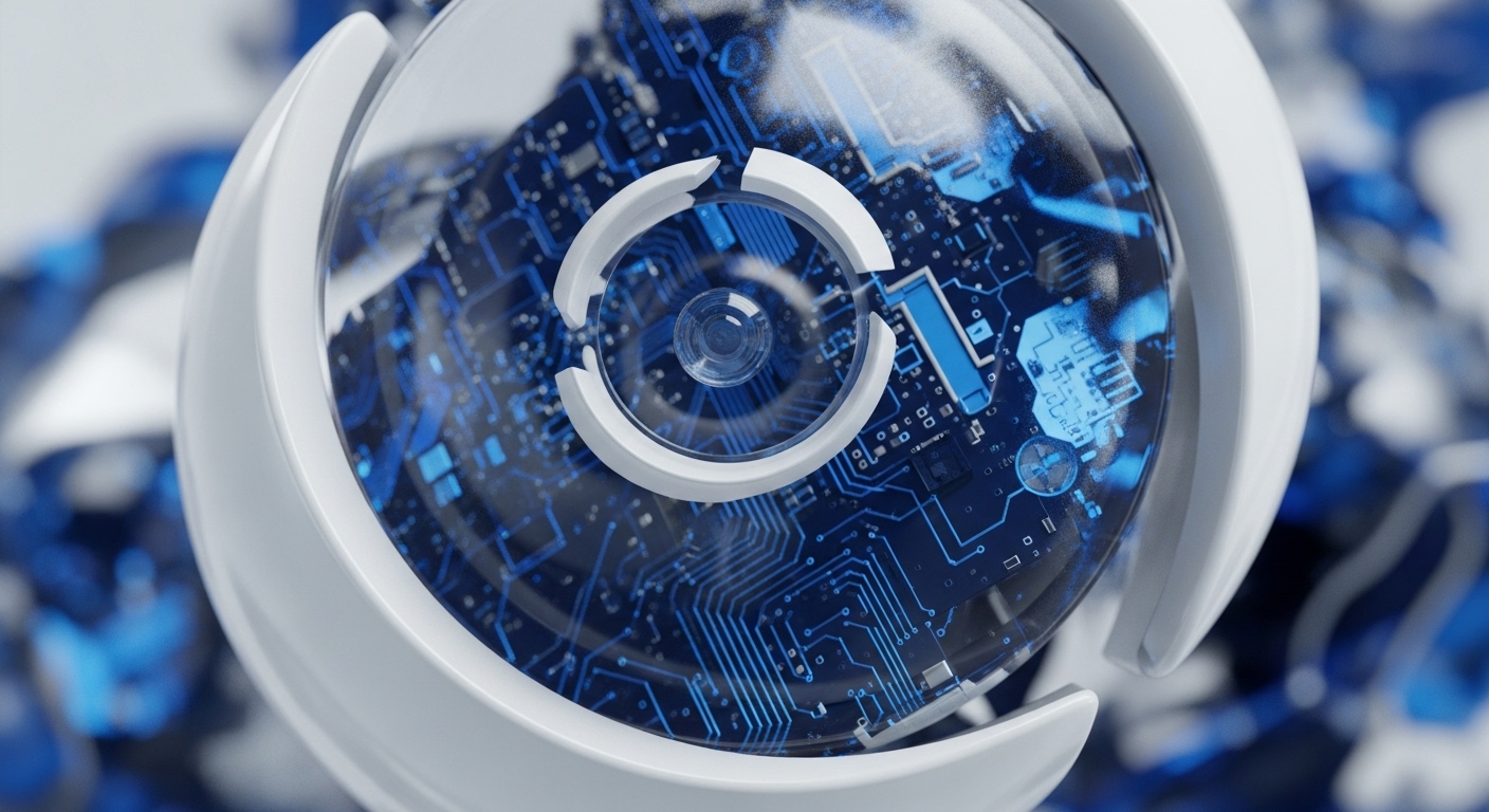 A translucent sphere reveals a vibrant blue, circuit board-like interior, adorned with minute electronic components and pathways. Encircling this core are three interlocking white segments, forming a protective or structural element