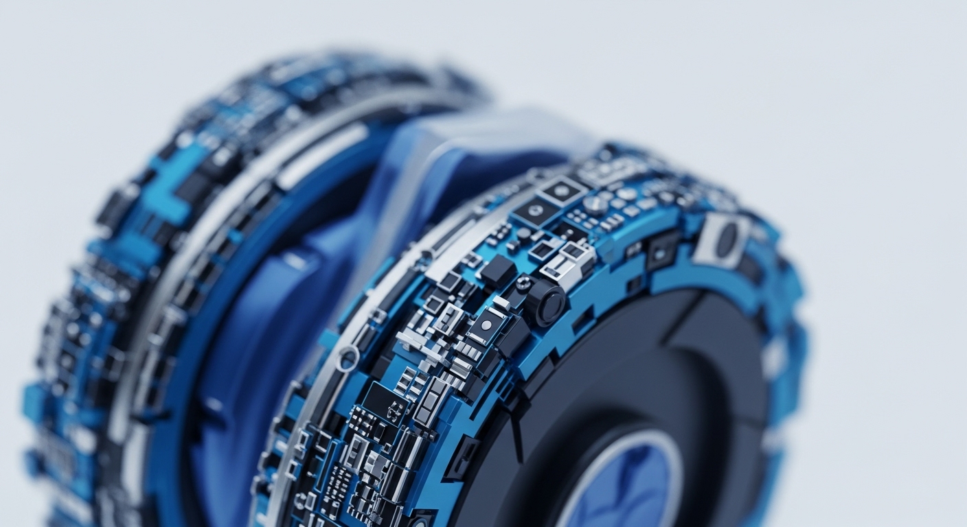 The image showcases a detailed, multi-layered circuit board design embedded within a circular, technological form, predominantly in shades of electric blue and silver. This intricate assembly visually represents the complex computational infrastructure powering digital assets and decentralized systems