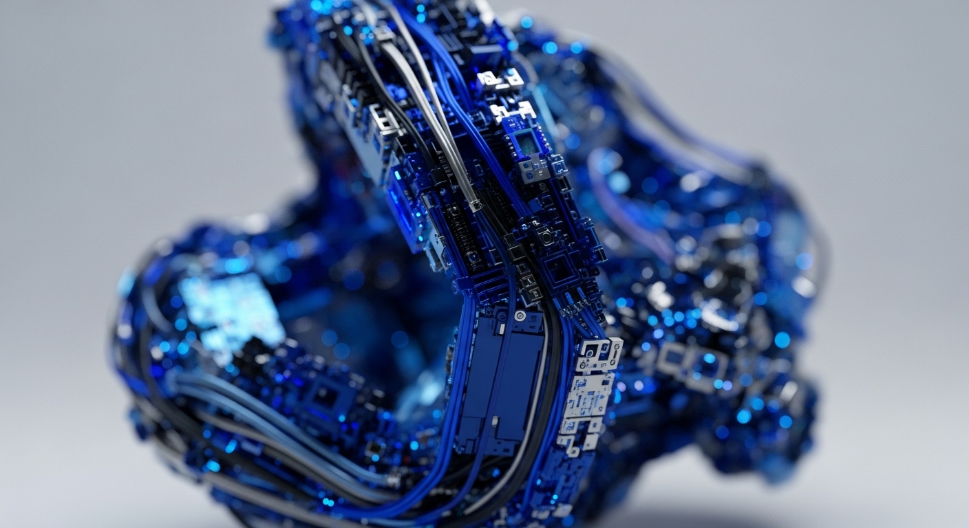 A dense, abstract form of interconnected blue and silver components suggests a complex digital network. Wires and circuit-like elements intertwine, creating a sense of intricate connectivity and data flow