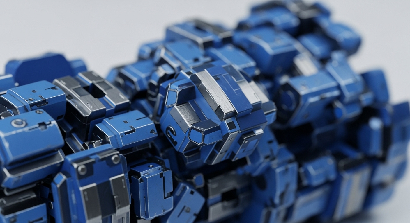 This close-up showcases a dense, modular construction of metallic blue and silver components, forming a complex, three-dimensional network. The precise interlocking of geometric shapes suggests the underlying architecture of advanced blockchain systems