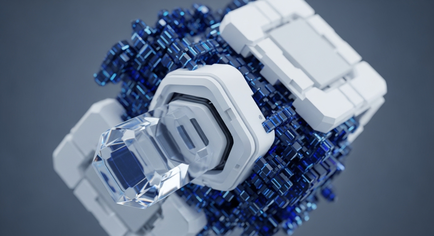 A central, multi-faceted clear crystal protrudes from a complex assembly of interlocking white geometric shapes and dense clusters of small, dark blue crystalline structures. The composition is abstract and futuristic, evoking themes of advanced technology and data