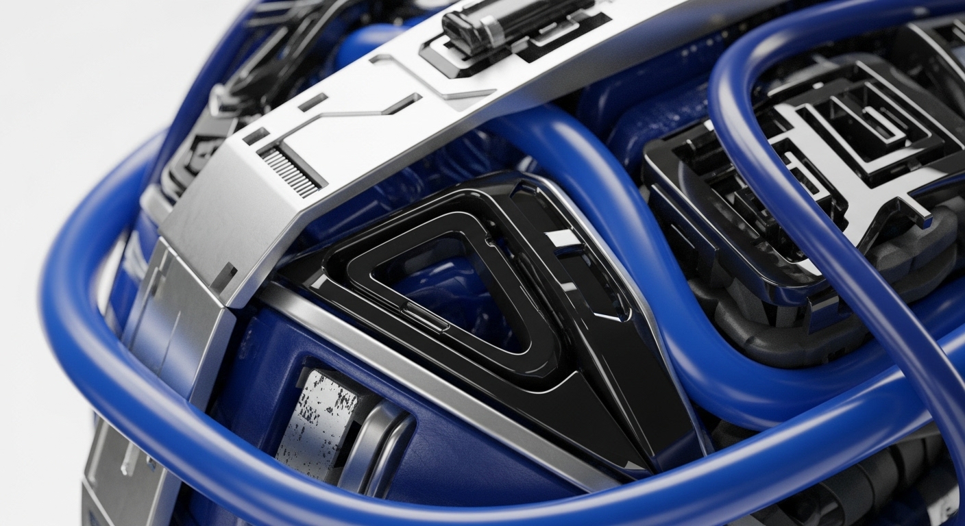 Close-up view reveals a complex assembly of blue tubes and metallic components, reminiscent of advanced technological infrastructure. This imagery symbolizes the intricate network architecture and protocol stacks that underpin the cryptocurrency ecosystem