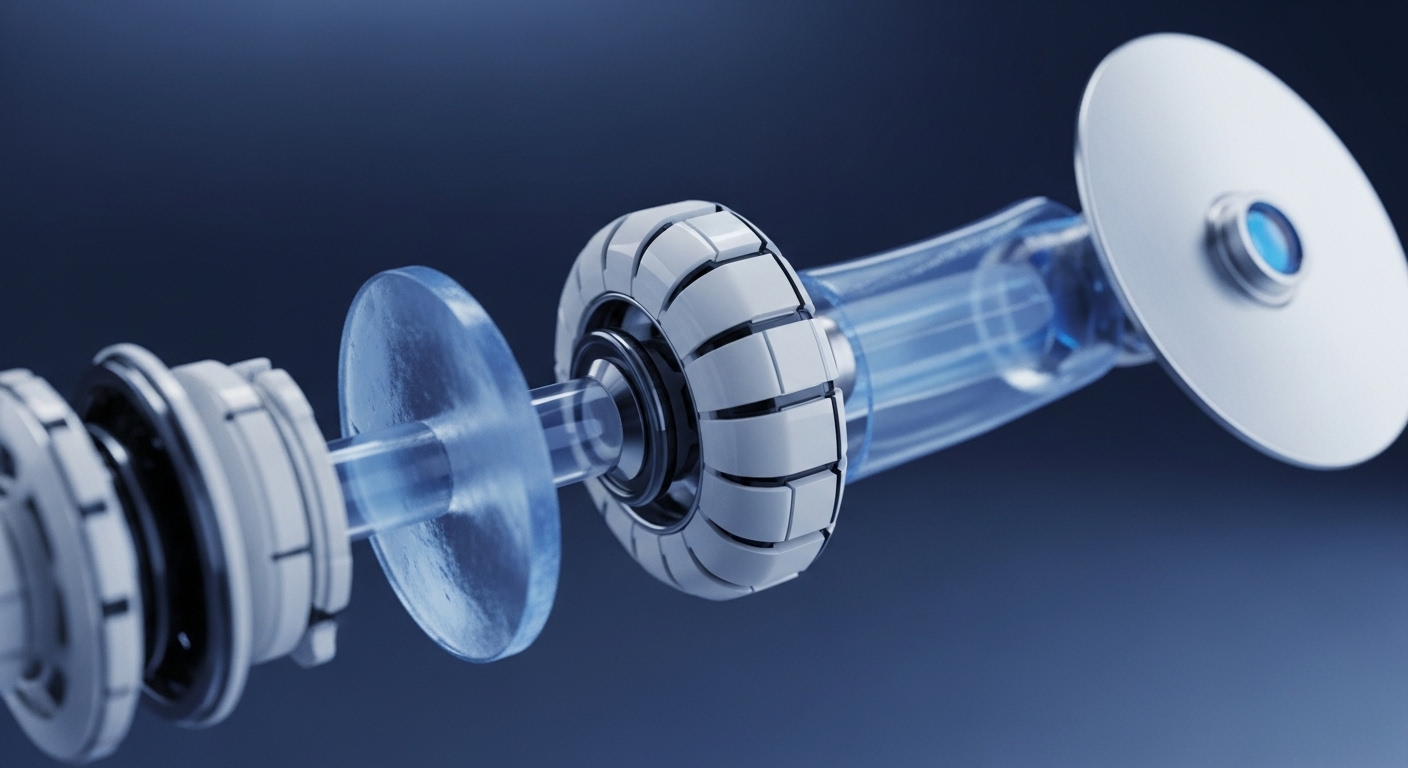 A translucent blue energy flow illuminates a detailed, exploded view of a sophisticated mechanical assembly, featuring segmented white components and metallic discs against a dark blue background. This visual metaphor represents the foundational elements of blockchain technology and crypto networks