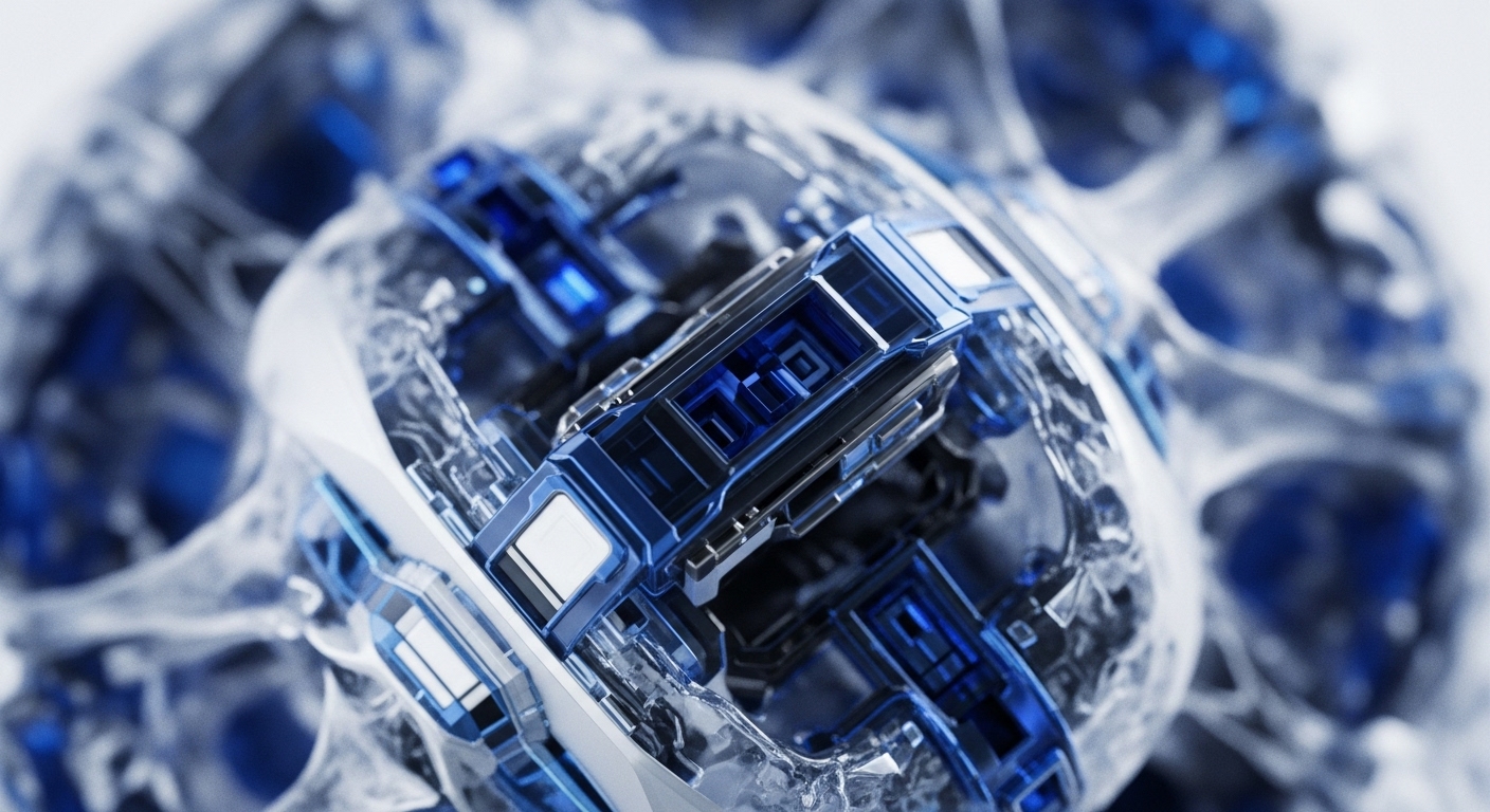 Intricate blue and white geometric structures form a complex, interconnected system. A central, polished blue component with nested square patterns suggests a core processing unit. Surrounding translucent, crystalline elements extend into a blurred background, hinting at a vast network. This visual metaphor illustrates a decentralized ledger architecture, emphasizing the precision of cryptographic hashing and the transparent flow of transaction data within a peer-to-peer network powered by a consensus mechanism. The glowing blue signifies active block validation.