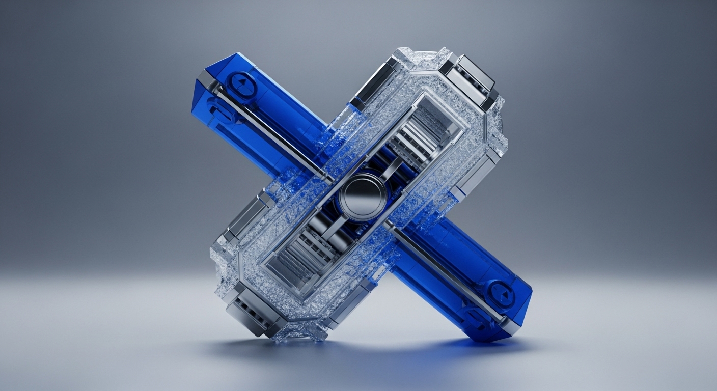 A stylized three-dimensional object, resembling an 'X', is prominently displayed, composed of interlocking transparent blue and frosted clear elements with polished metallic accents. The structure sits angled on a reflective grey surface, casting a soft shadow, highlighting its intricate design and material contrasts
