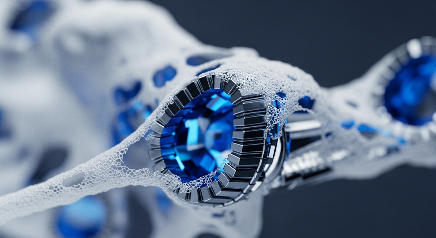A close-up view reveals a segmented metallic framework encasing a brilliant, multifaceted blue digital element, partially obscured by a delicate, frothy white substance. This intricate structure suggests a complex system in operation, with its core component glowing vibrantly, hinting at its critical function