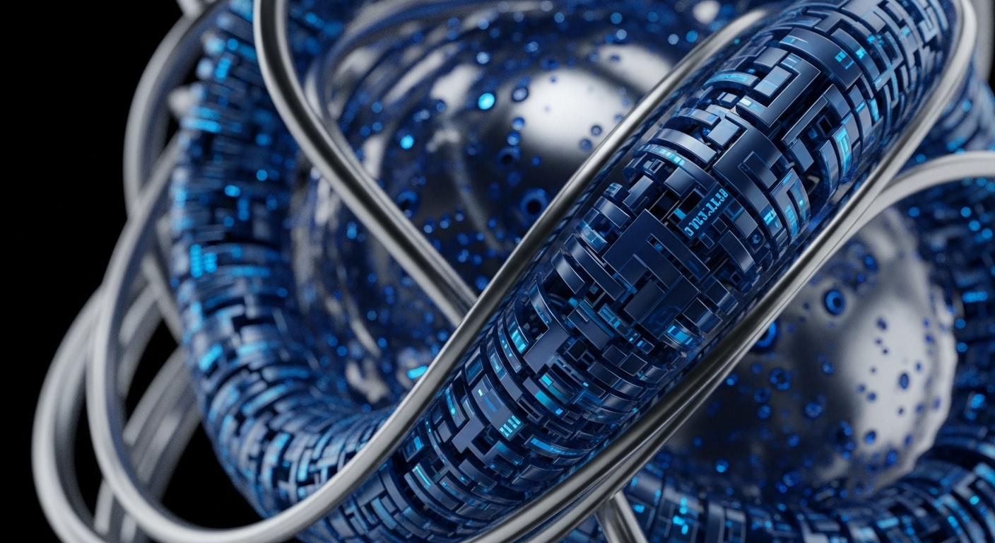 A complex abstract structure displays dark blue segments illuminated by vibrant blue digital patterns and embedded alphanumeric sequences. These segments are intricately wrapped by smooth silver metallic bands, forming a sophisticated, intertwined system