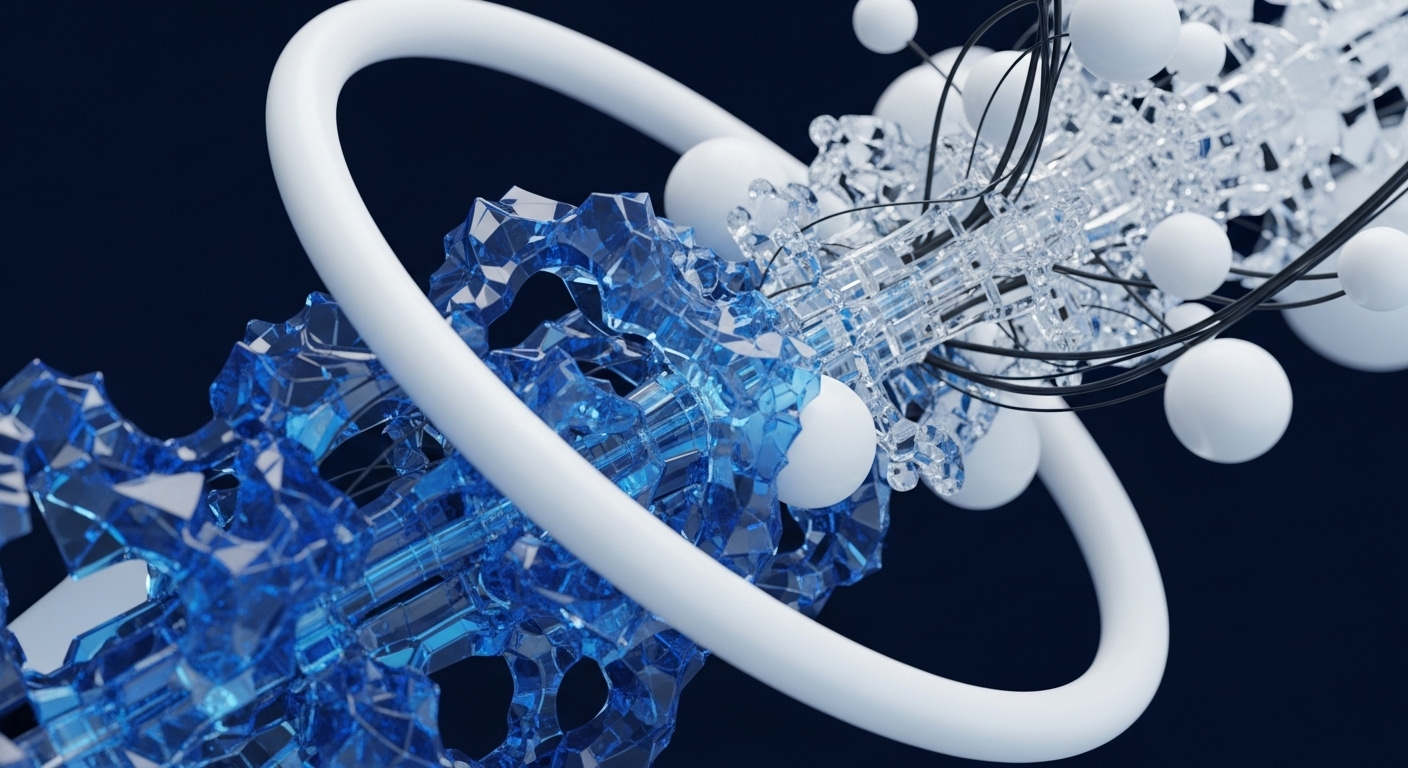 Abstract crystalline forms and interconnected spheres illustrate a dynamic digital ecosystem. A prominent white ring frames the evolving structure, emphasizing its foundational nature