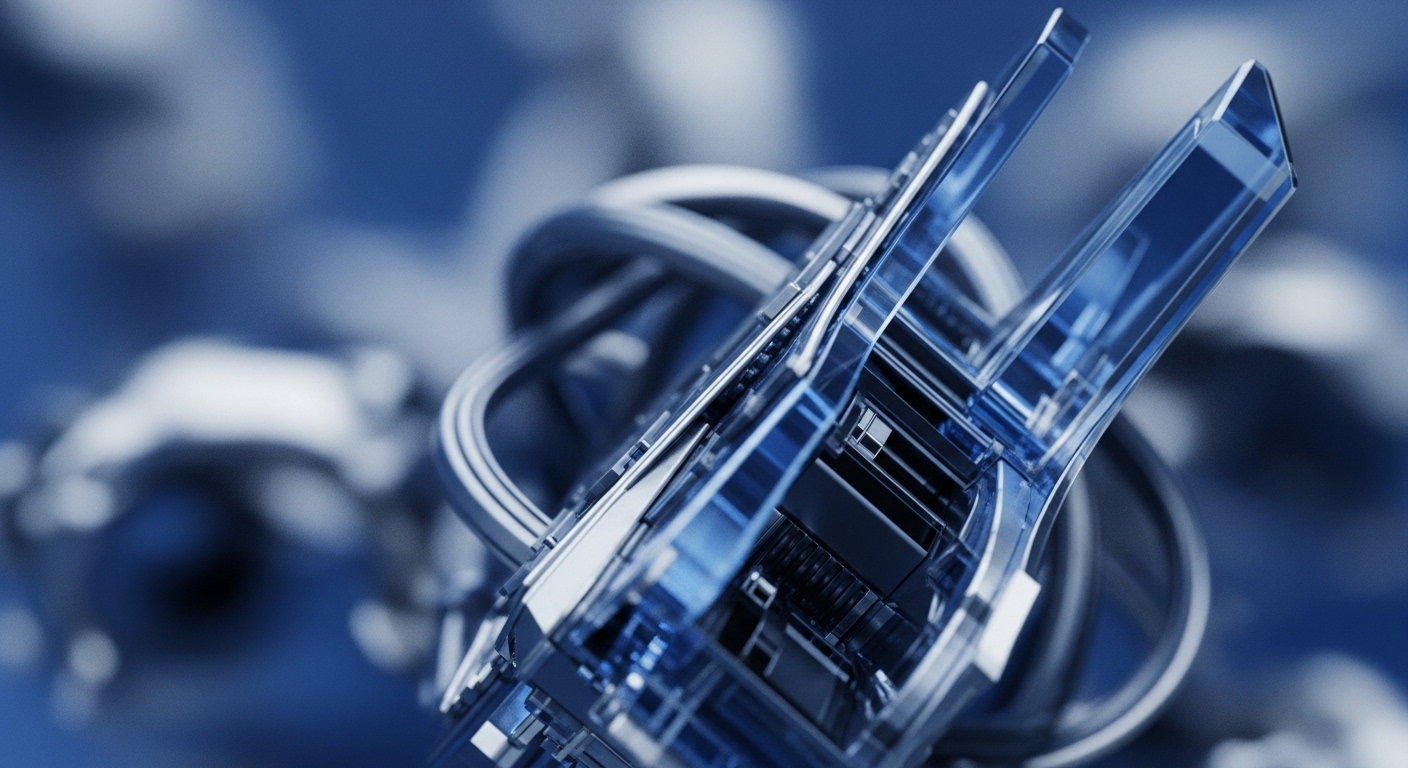 The image displays a complex, abstract structure composed of transparent blue geometric forms and intertwined metallic elements against a blurred blue background. The central focus is a multi-faceted object with sharp angles and reflective surfaces, suggesting intricate technological components