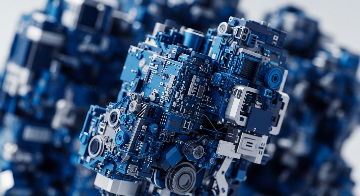 A close-up view presents an intricate array of blue and silver electronic components, meticulously arranged on what appears to be a complex circuit board. The foreground elements are in sharp focus, revealing detailed micro-components and pathways, while similar structures recede into a blurred background