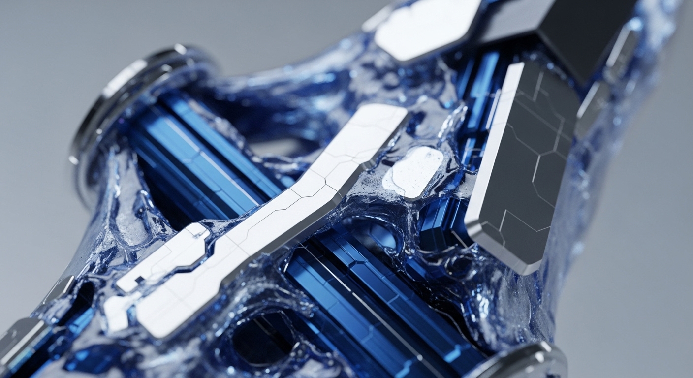 A close-up view reveals luminous blue internal structures housed within a textured, translucent casing, accented by sleek silver-white modular panels. These metallic panels feature subtle etched patterns, suggesting advanced circuitry and interconnectedness