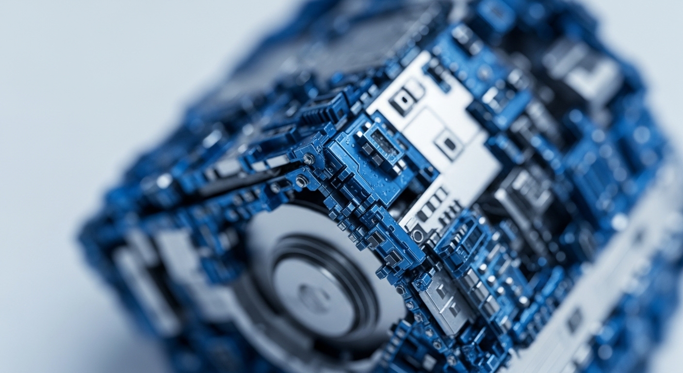 A macro view captures a geometric construction resembling a digital cube, fabricated from interconnected blue printed circuit boards and metallic elements. This detailed assembly visually represents the intricate architecture of blockchain technology and its core components