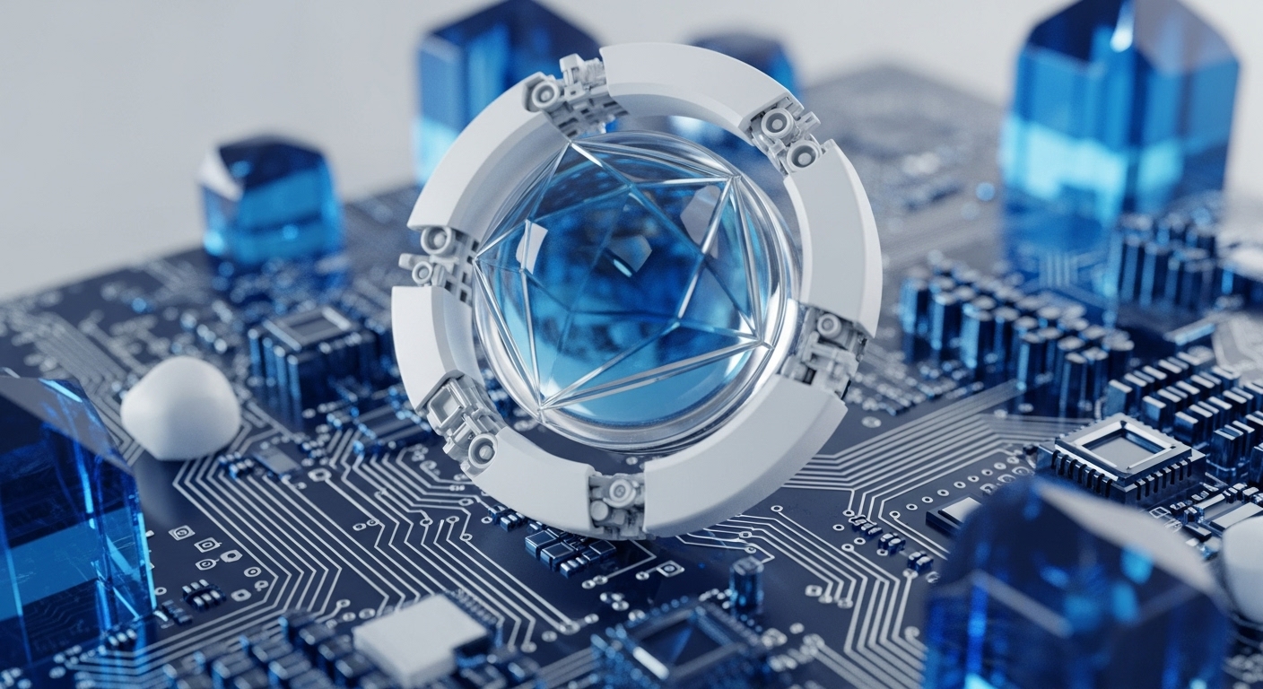 A faceted blue crystalline core is suspended within a futuristic white segmented ring, positioned atop a complex circuit board. This advanced technological setting is further populated by glowing blue crystalline structures, reminiscent of digital architecture or distributed network nodes
