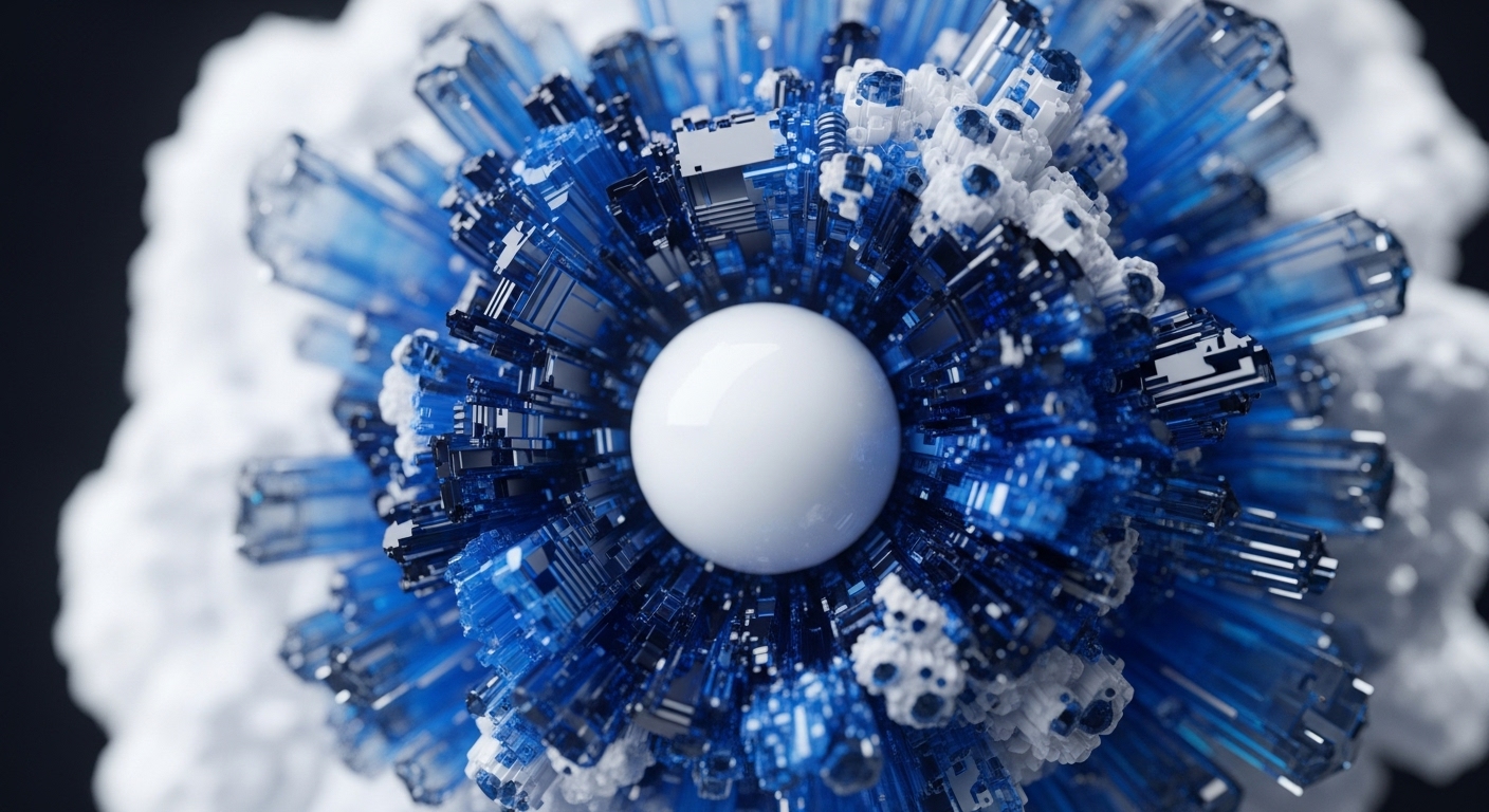 A luminous white sphere sits at the heart of a vibrant, spiky formation of blue and white crystals. These sharp, angular structures radiate outwards, mimicking the complex, multi-layered architecture of blockchain technology