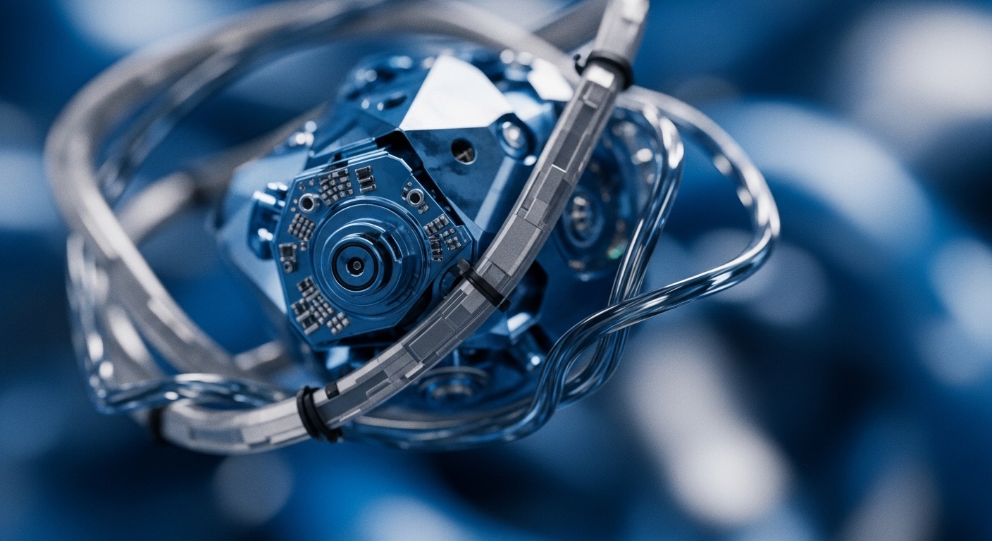 A complex blue technological artifact, possibly a quantum computing core or a sophisticated node, is secured by metallic wiring and conduits. This intricate assembly symbolizes the underlying mechanisms of blockchain networks and the advanced cryptography that secures digital assets