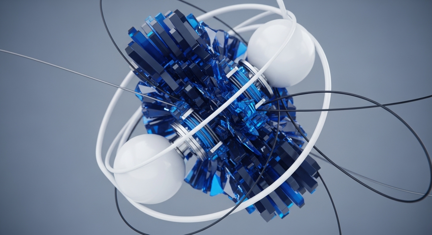 A central, intricate three-dimensional abstract structure composed of translucent blue, angular block-like elements and two smooth white spheres is interwoven with white and black flexible lines against a soft gray-blue background. The blue elements, some appearing fragmented, form a dense core, while the lines crisscross and connect various components of the structure