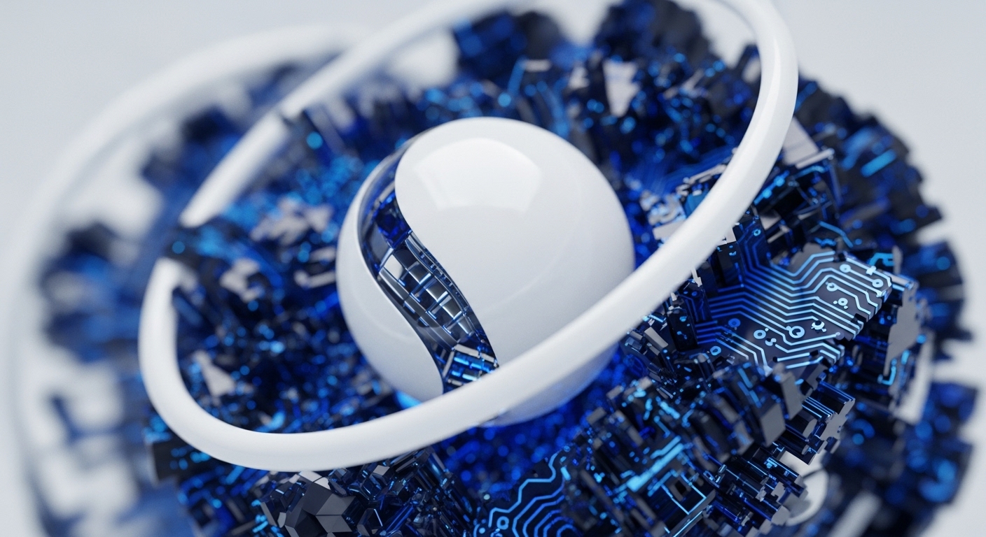 A polished white sphere, intricately etched with luminous blue digital pathways, sits at the core of a dense, crystalline structure composed of sharp, dark blue geometric shapes. These forms are adorned with visible circuit board patterns, emitting a vibrant blue light, suggesting active data processing and node participation within a decentralized network