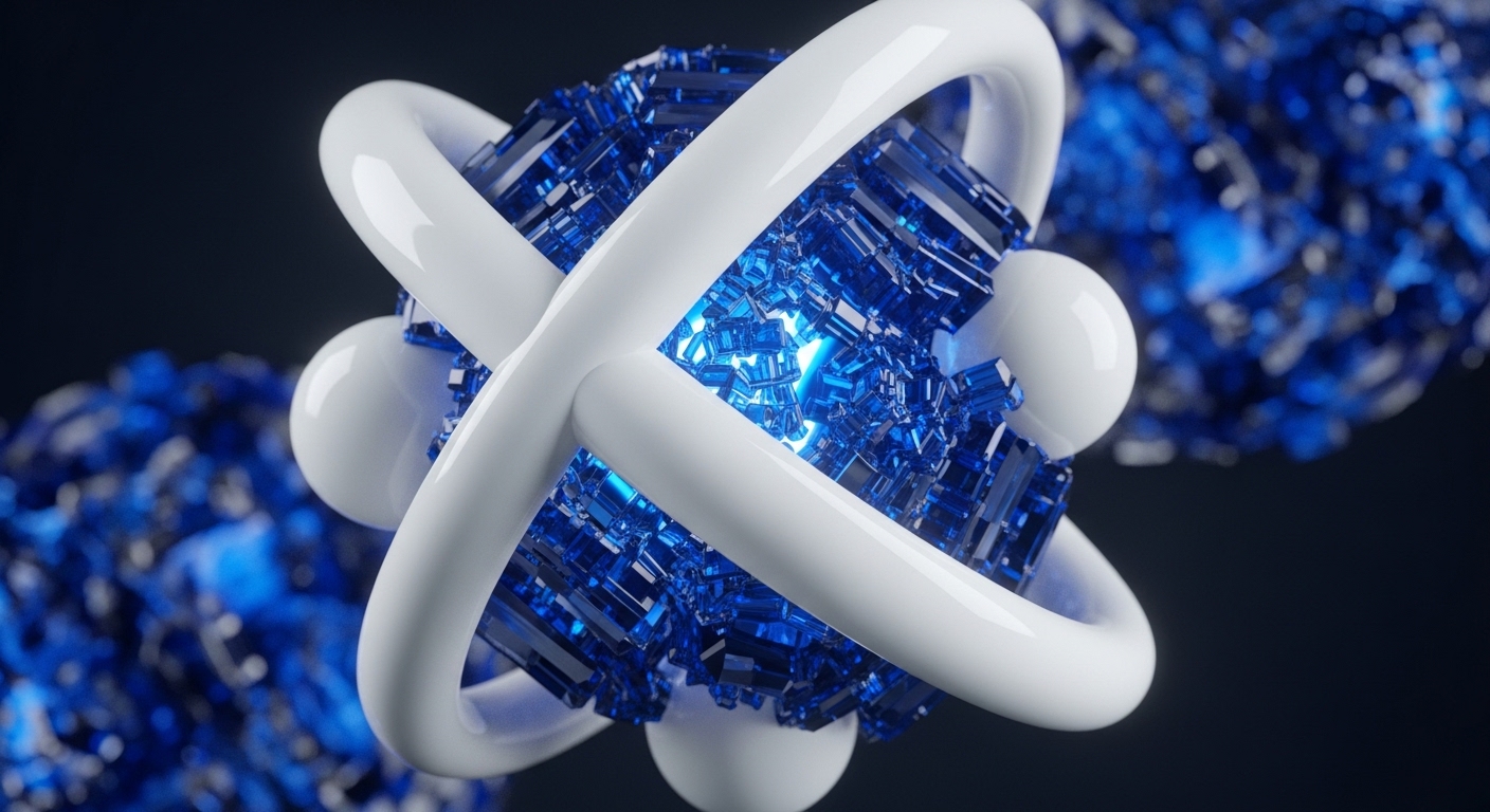 The image displays a central, glowing blue sphere composed of numerous translucent crystalline blocks, encircled by two smooth, white, intertwined tubular structures. Small white spheres are positioned where these structures intersect the central mass, forming a dynamic abstract representation
