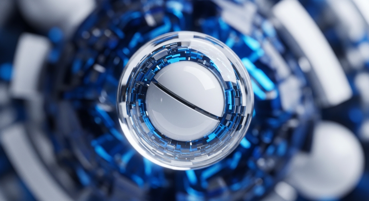 A highly detailed, abstract render features a central, translucent sphere containing a perfectly bisected white orb, segmented by a subtle line. Surrounding this core element is a complex, multi-layered structure of interlocking blue and white geometric shapes, suggesting advanced digital architecture