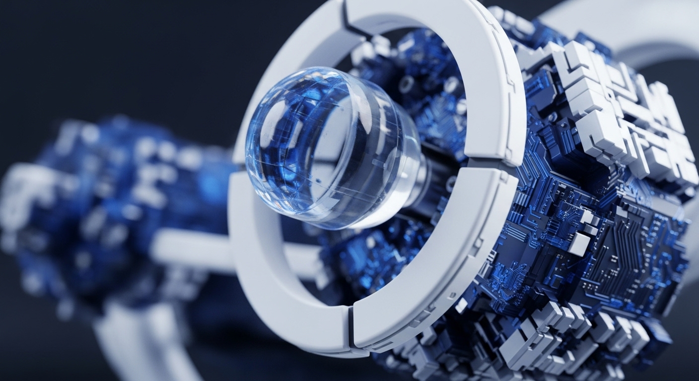 A translucent, faceted sphere, illuminated from within by vibrant blue circuit board designs, is centrally positioned within a futuristic, white, segmented orbital structure. This visual metaphor explores the intersection of advanced cryptography and distributed ledger technology