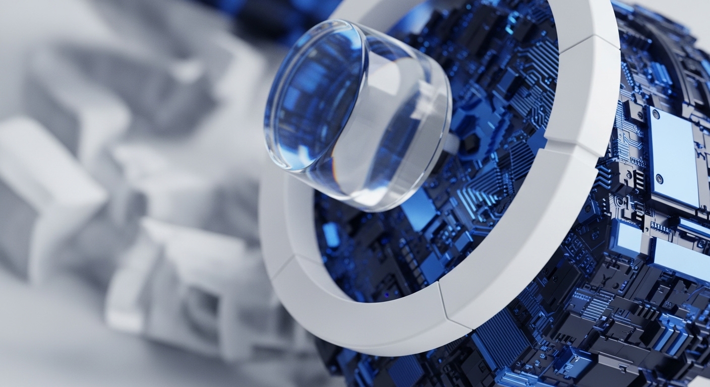 A clear, multifaceted lens is positioned above a detailed, spherical representation of a blockchain network. This sphere showcases intricate blue circuitry and embedded components, evoking the complex architecture of distributed ledger technology