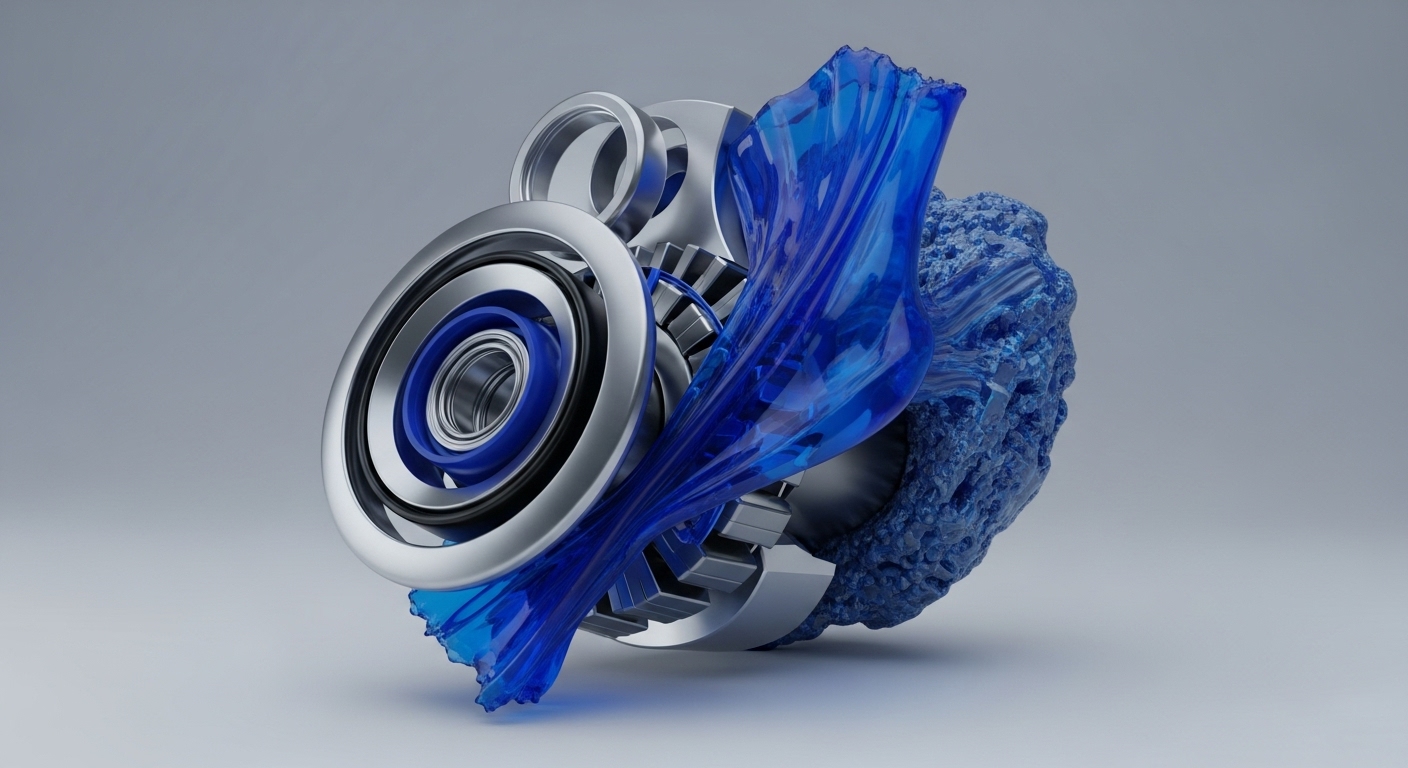 The image presents a sophisticated composition featuring polished silver mechanical components, including bearings, rings, and interlocking gears, integrated with flowing and textured blue elements against a neutral grey background. A translucent blue, fluid-like form gracefully drapes over the metallic structure, culminating in a dense, granular blue mass on the right