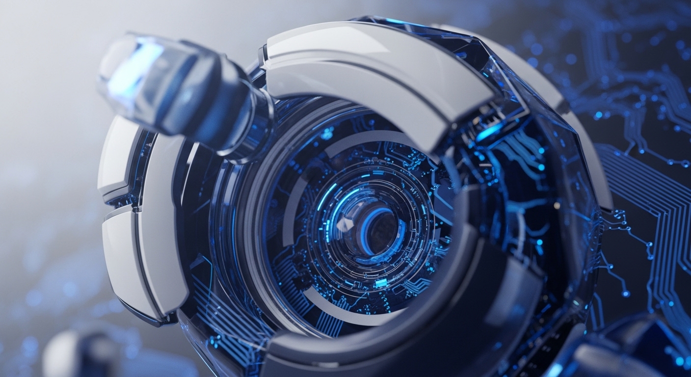 A highly detailed, abstract visualization showcases a spherical object with luminous blue internal components and external white casing. The sphere is set against a backdrop of intricate, glowing blue digital circuit patterns, suggesting a network of data flow