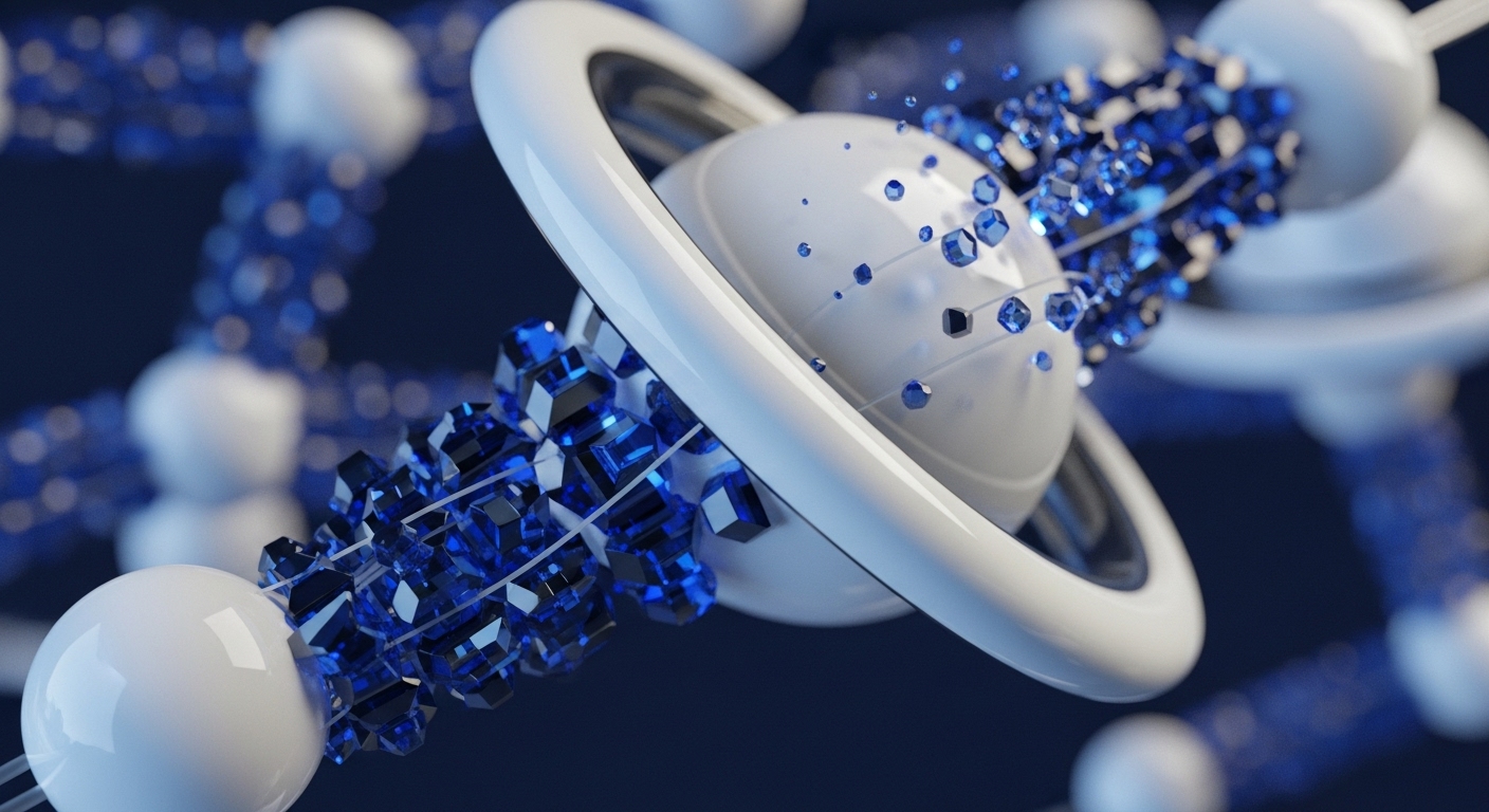 Spherical nodes are intricately connected by a lattice of vibrant blue, faceted cubes, forming an abstract representation of a decentralized network. This visual strongly suggests blockchain technology, where the spheres could symbolize network nodes or validator entities, and the crystalline cubes represent encrypted data packets or cryptographic primitives essential for secure transactions