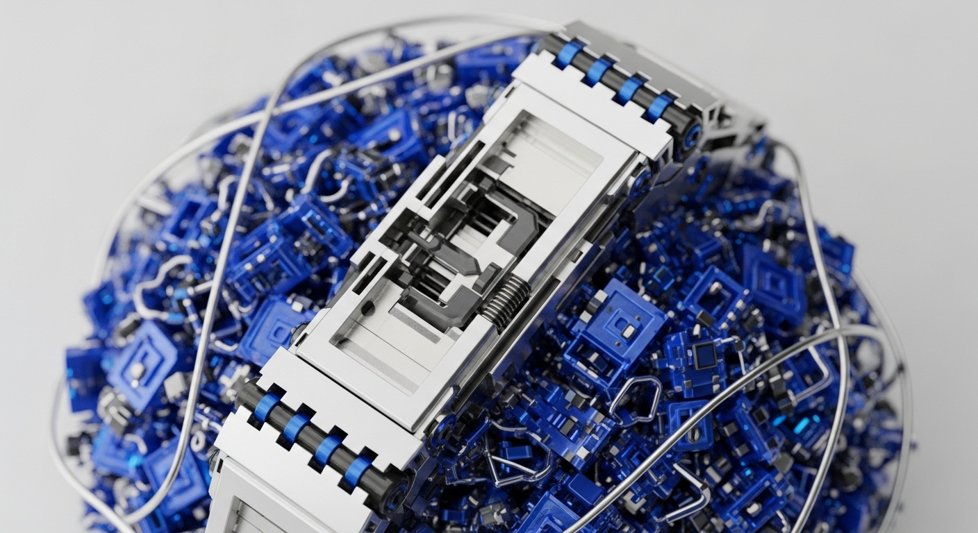 The visual displays a dense cluster of vibrant blue cubic components, interwoven with metallic silver framework and wire elements, forming a spherical structure. A sophisticated, multi-layered silver and blue device rests at the core, suggesting a critical nexus within a larger system