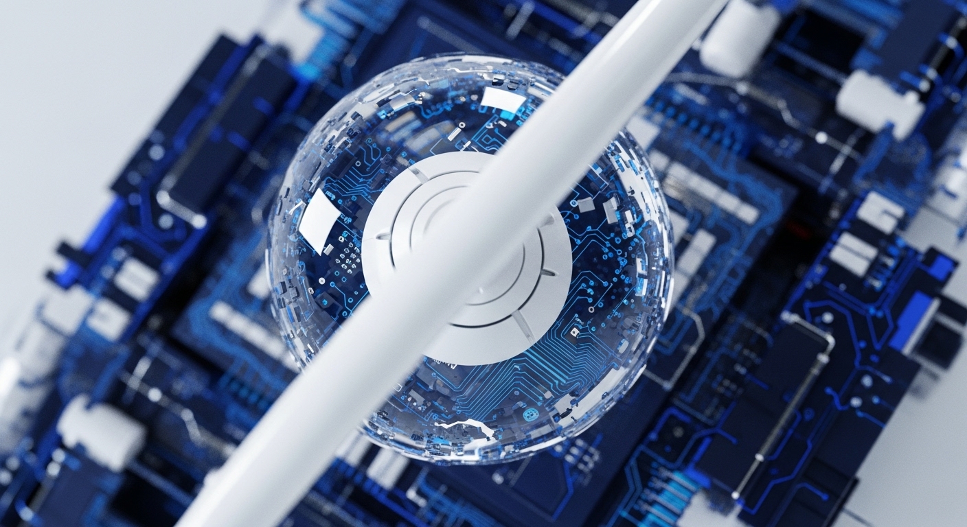 A transparent sphere, filled with detailed circuit board patterns and luminous blue data streams, is the focal point, intersected by a prominent white cylinder. This sphere visually represents a blockchain's distributed ledger technology and its inherent cryptographic security protocols