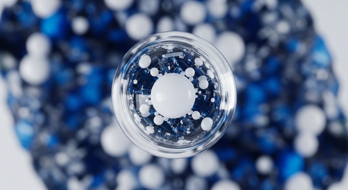 A central, luminous sphere is encased within a clear, spherical membrane, revealing a sophisticated internal architecture. This inner realm displays a prominent white orb at its core, orbited by numerous smaller white spheres, all set against a backdrop of complex, blue digital circuitry