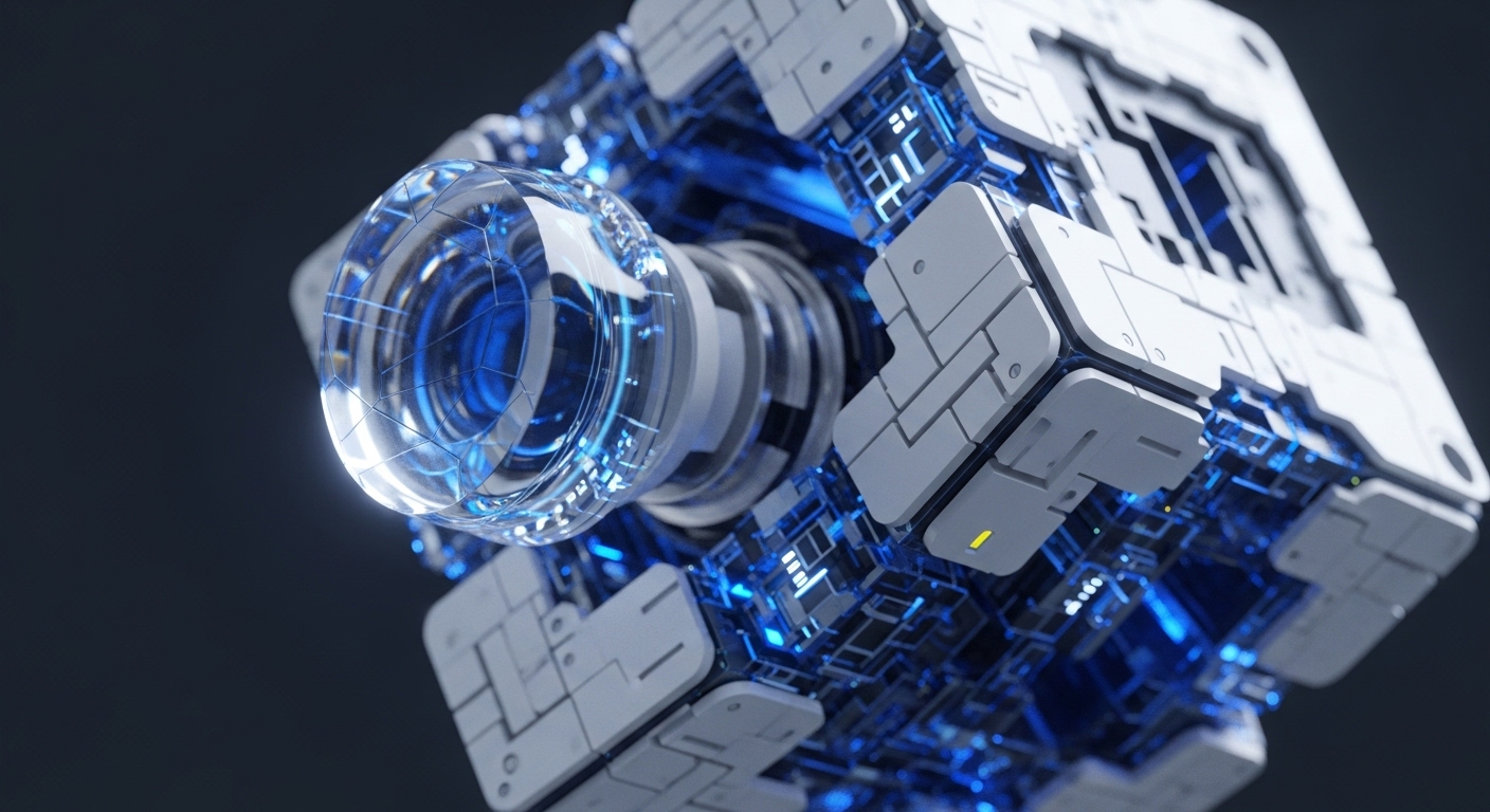 A cubic structure with intricate white paneling and glowing blue circuitry represents a sophisticated decentralized ledger system. The prominent crystalline lens, possibly a quantum entanglement interface, suggests advanced cryptographic security mechanisms. This visual metaphor explores the intersection of blockchain technology, zero-knowledge proofs, and the potential for quantum-resistant cryptography within the digital asset ecosystem, hinting at future innovations in consensus algorithms and secure transaction finality.