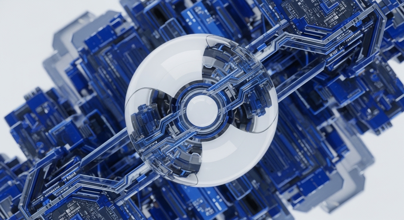 A crystalline sphere, revealing internal complex circuitry and nodal connections, is enveloped by a multi-faceted, predominantly blue, architectural framework. This visual composition abstractly symbolizes the intricate architecture of decentralized systems and blockchain technology