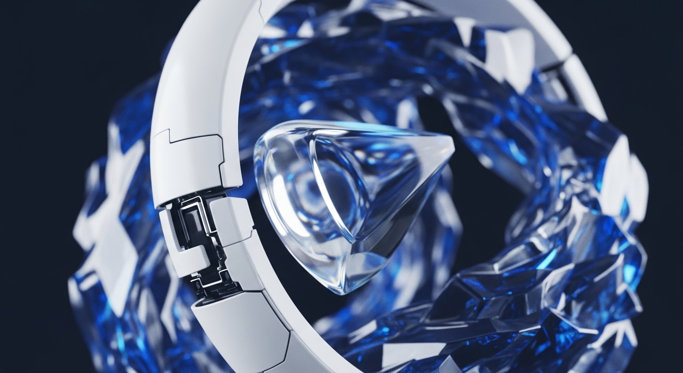 A white, segmented circular frame surrounds a dynamic, deep blue crystalline formation. At the heart of this structure, a transparent, angular gem-like object captures and reflects light, hinting at the core of digital value