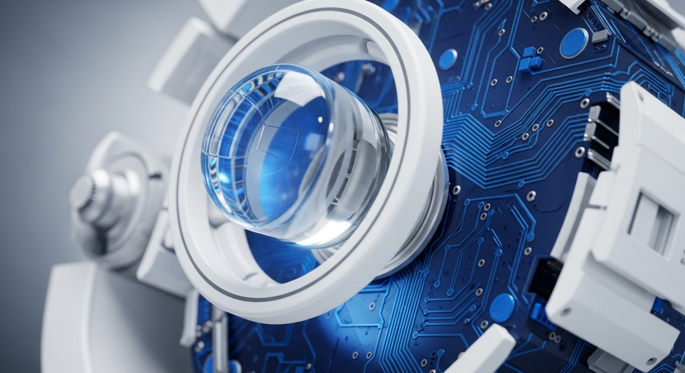 The image displays a detailed, spherical construct featuring vibrant blue circuit board patterns and a clear, multifaceted lens. This visual metaphor encapsulates the core principles of blockchain and cryptocurrency