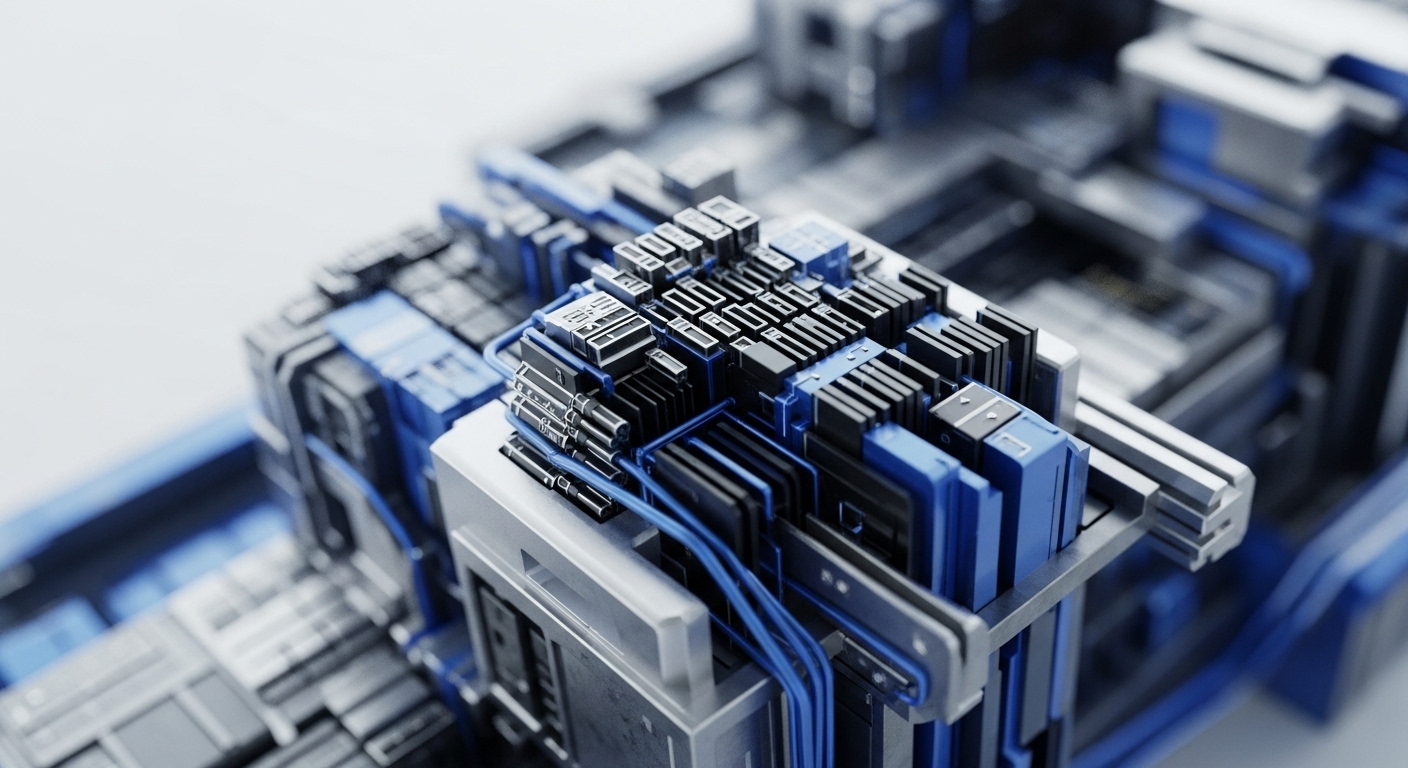 A detailed view reveals a highly organized, abstract representation of a digital network, featuring sharp, geometric structures in metallic grays and vibrant blues. Blue conduits snake through a dense assembly of stacked modules, evoking the intricate pathways of information within a blockchain