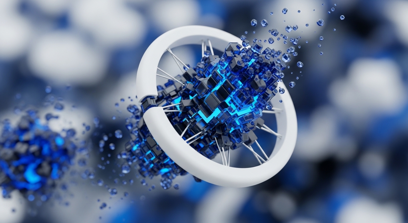 Abstract cubes of electric blue and black form a dense, glowing core, emitting smaller particles. This core is encased within a sleek, white torus, suggesting a secured, immutable ledger. Thin white lines radiate outwards, connecting to the fragmented cubes, symbolizing distributed consensus and network propagation. The blurred blue and white background evokes a digital ether, the foundational layer for decentralized applications and smart contract execution. This visual metaphor represents the core architecture of blockchain technology, highlighting data integrity and network resilience.