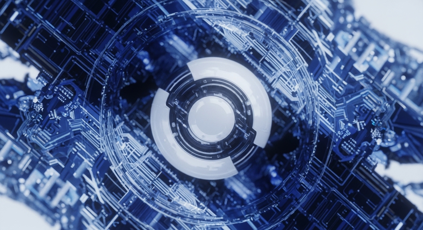 A central, luminous white circular interface is surrounded by a dense matrix of interconnected blue circuitry and nodes, forming an intricate, three-dimensional structure. This visual metaphor represents the complex infrastructure of blockchain technology and decentralized systems