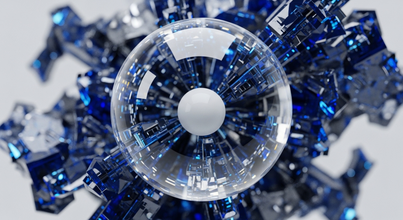 A pristine white sphere rests at the heart of a clear, reflective orb, symbolizing a foundational digital asset or genesis block. Radiating outwards is a complex, geometric formation of sharp, blue and silver crystalline structures, evoking the intricate architecture of a decentralized network